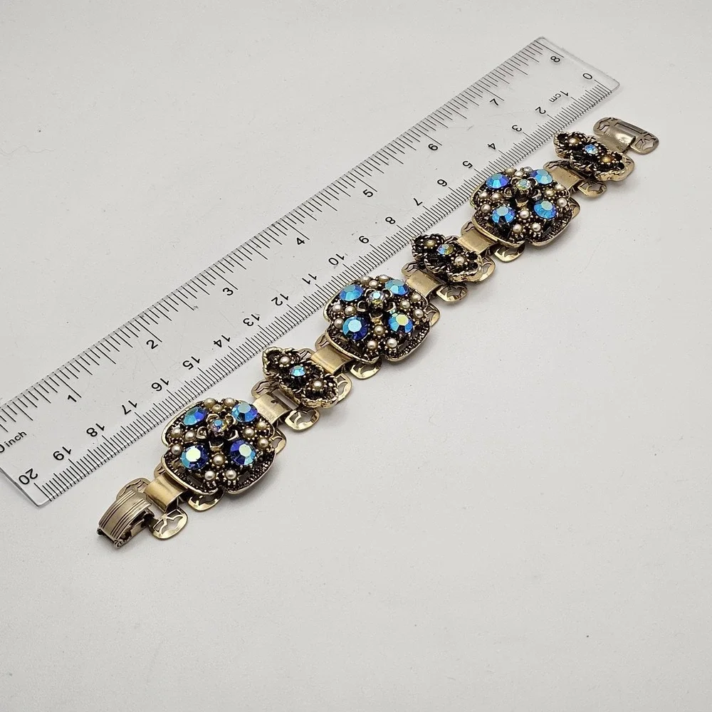 Vintage Florenza Style Floral Link Bracelet Gold Tone Blue Gold Pearl 8 Inches